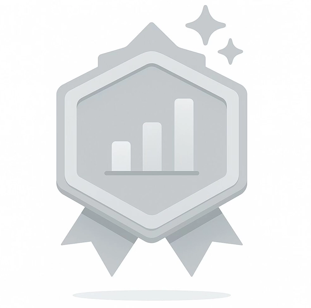 Silver badge with a bar chart and sparkles.