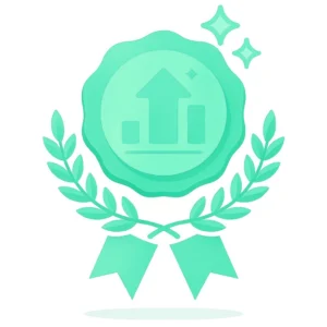 A green ribbon with a house icon and sparkles.