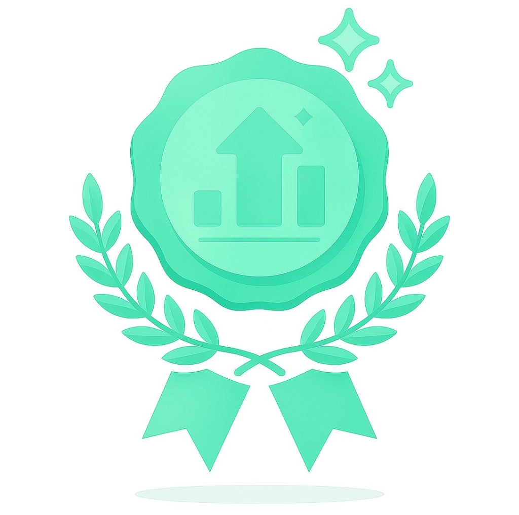 A green ribbon with a house icon and sparkles.