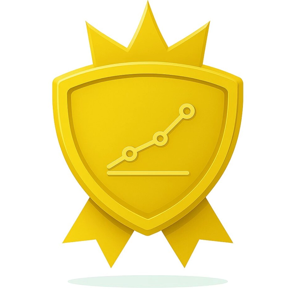 Golden shield with a graph trend icon.