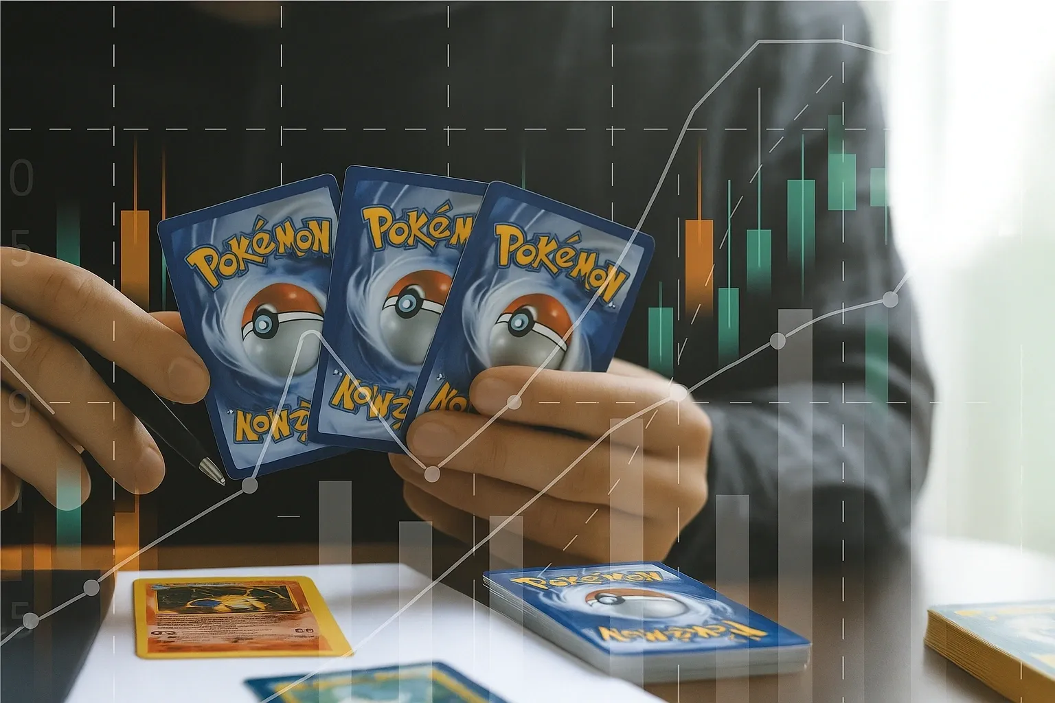Person holding Pokémon cards with financial chart.